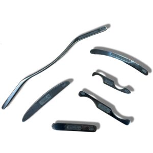 Graston tools are a set of nonsurgical, stainless steel, medical instruments utilized by specialists to manipulate and break up hardened scar tissue.