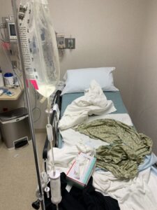 A photo of a pre-op prep bed after patients surgery was canceled due to insurance issues. 